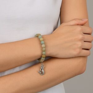 1915- Amazonite Beaded Stretch Bracelet with Silver Mermaid Charm-Calming Stone